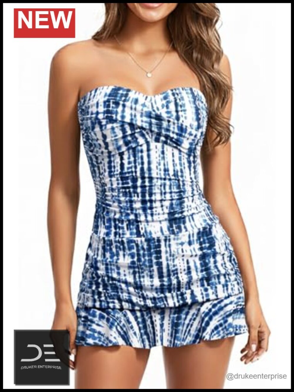 Tummy Control One Piece Swim Dress Strapless Bandeau Skirted Bathing Suit
